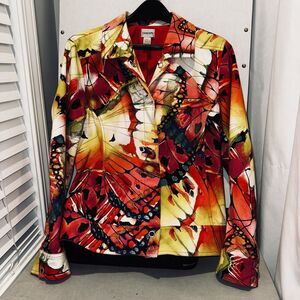 Colorful Butterfly Stretch Blazer Jacket  Chicos SZ 2 Red Yellow Orange Vibrant
